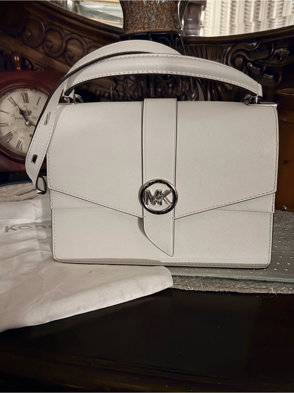 Michael Kors White Saffiano Leather Top-Handle Satchel with Silver MK Emblem